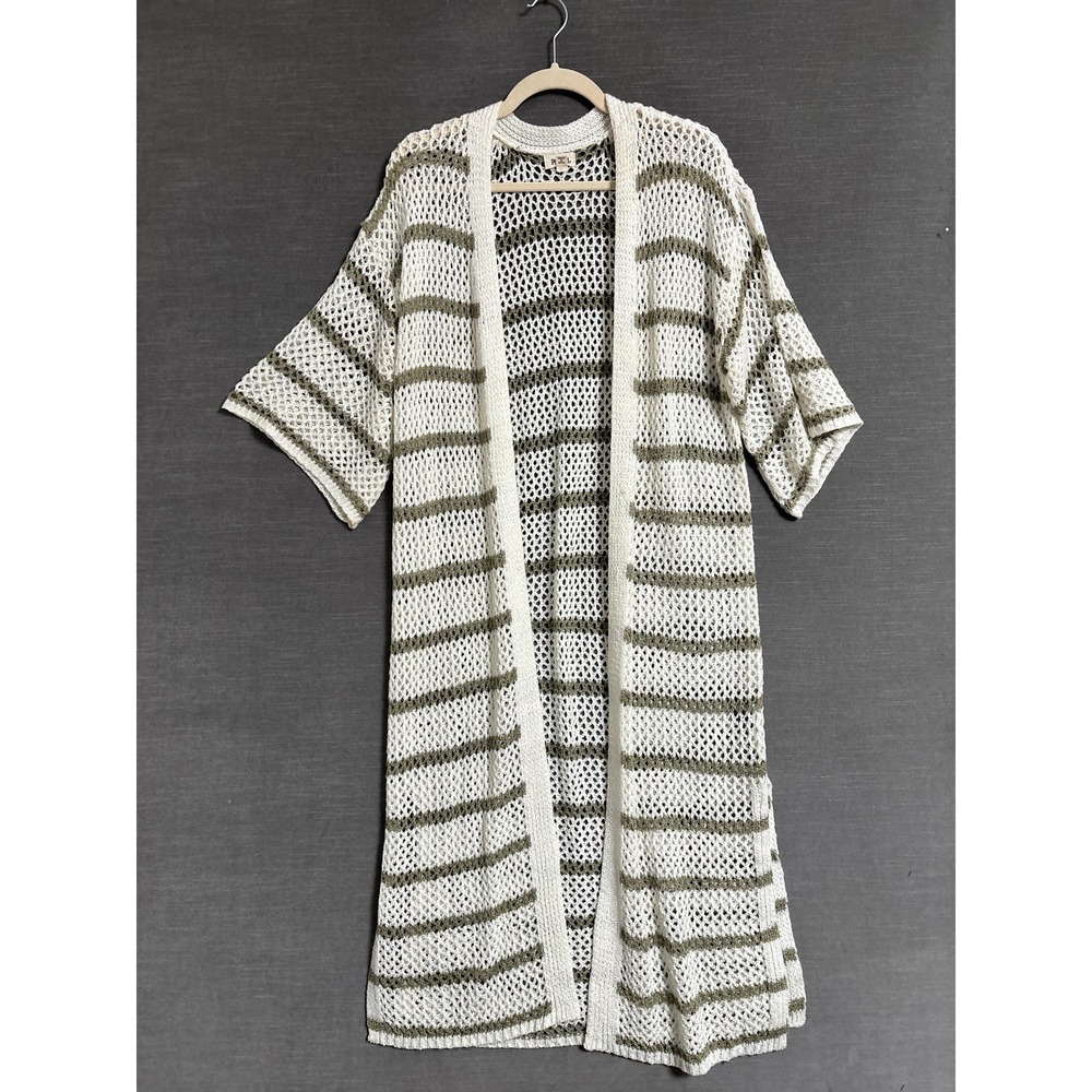 POL Cardigan Sweater M Off White Open Knit Striped Kimono Long Duster Boho Beach